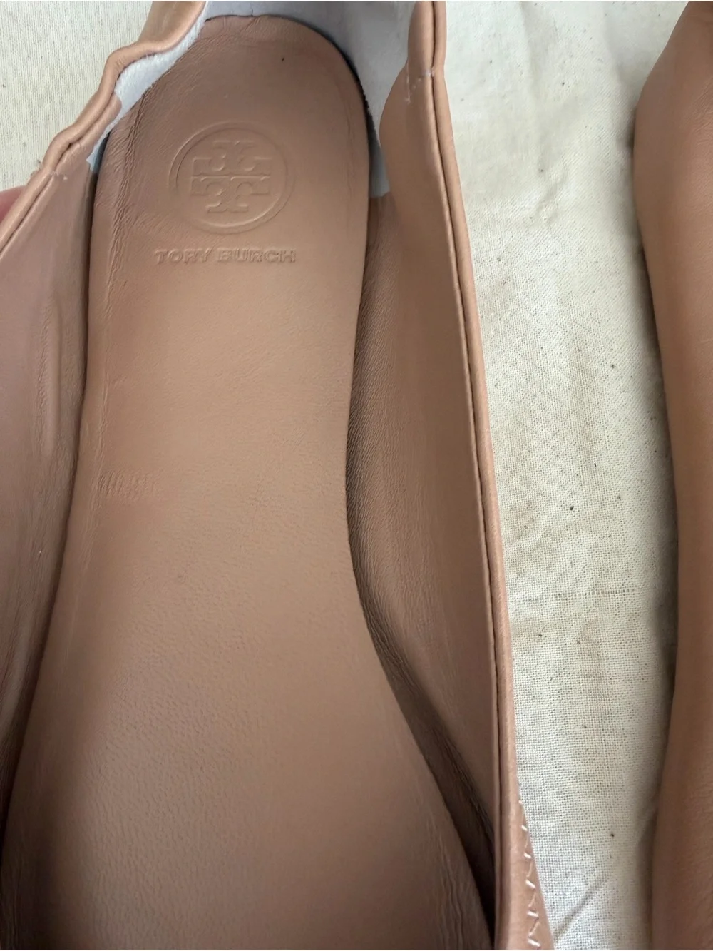 Tory Burch Blush Tan Leather Logo Ballet Flats